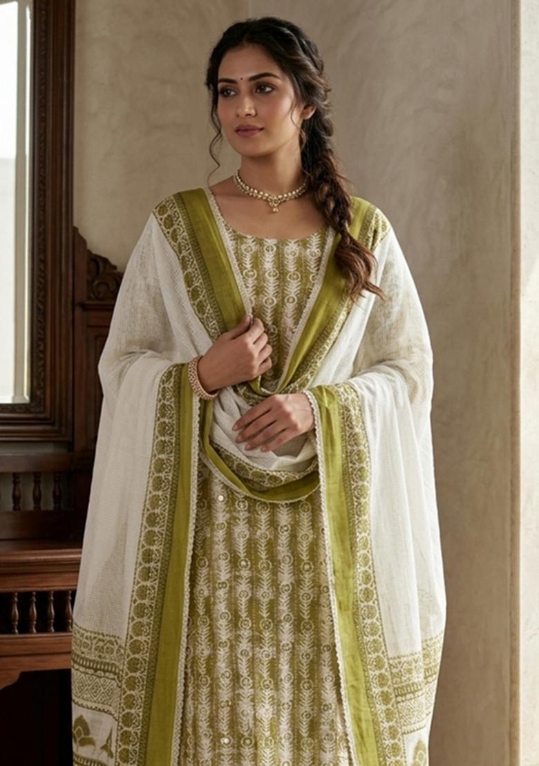 Green Printed Cotton Kurta Set - Indya