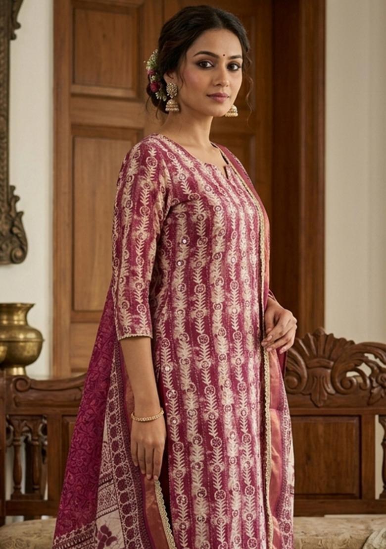 Purple Printed Cotton Kurta Set - Indya