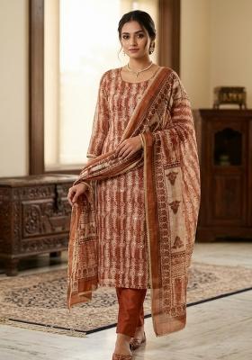 Brown Printed Cotton Kurta Set