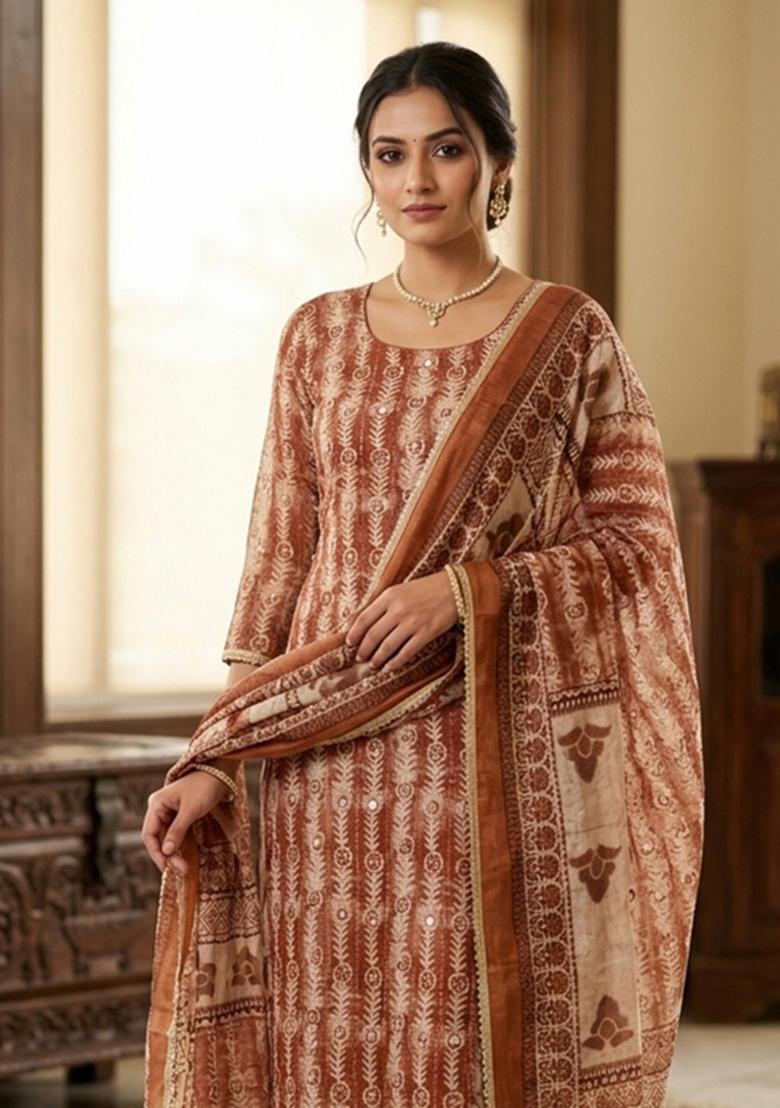 Brown Printed Cotton Kurta Set - Indya