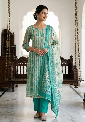 Sea Green Printed Cotton Kurta Set