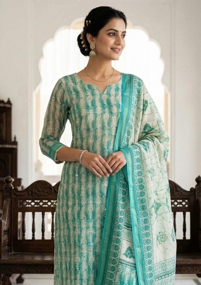 Sea Green Printed Cotton Kurta Set - Indya