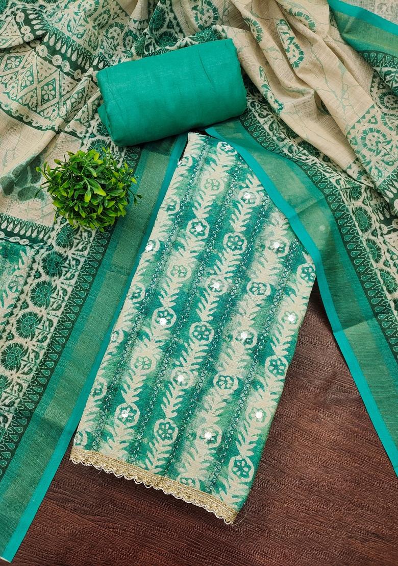 Sea Green Printed Cotton Kurta Set - Indya