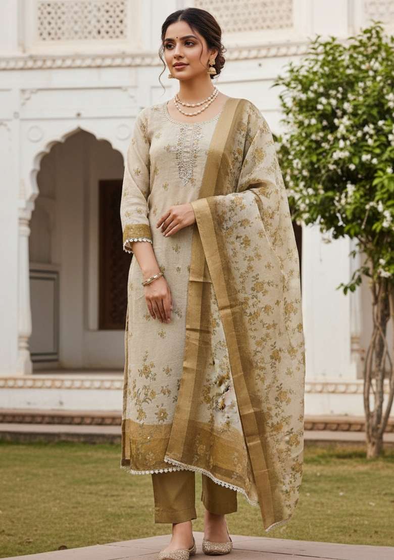 Brown Printed Cotton Kurta Set - Indya