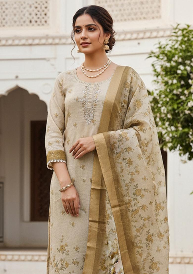 Brown Printed Cotton Kurta Set - Indya