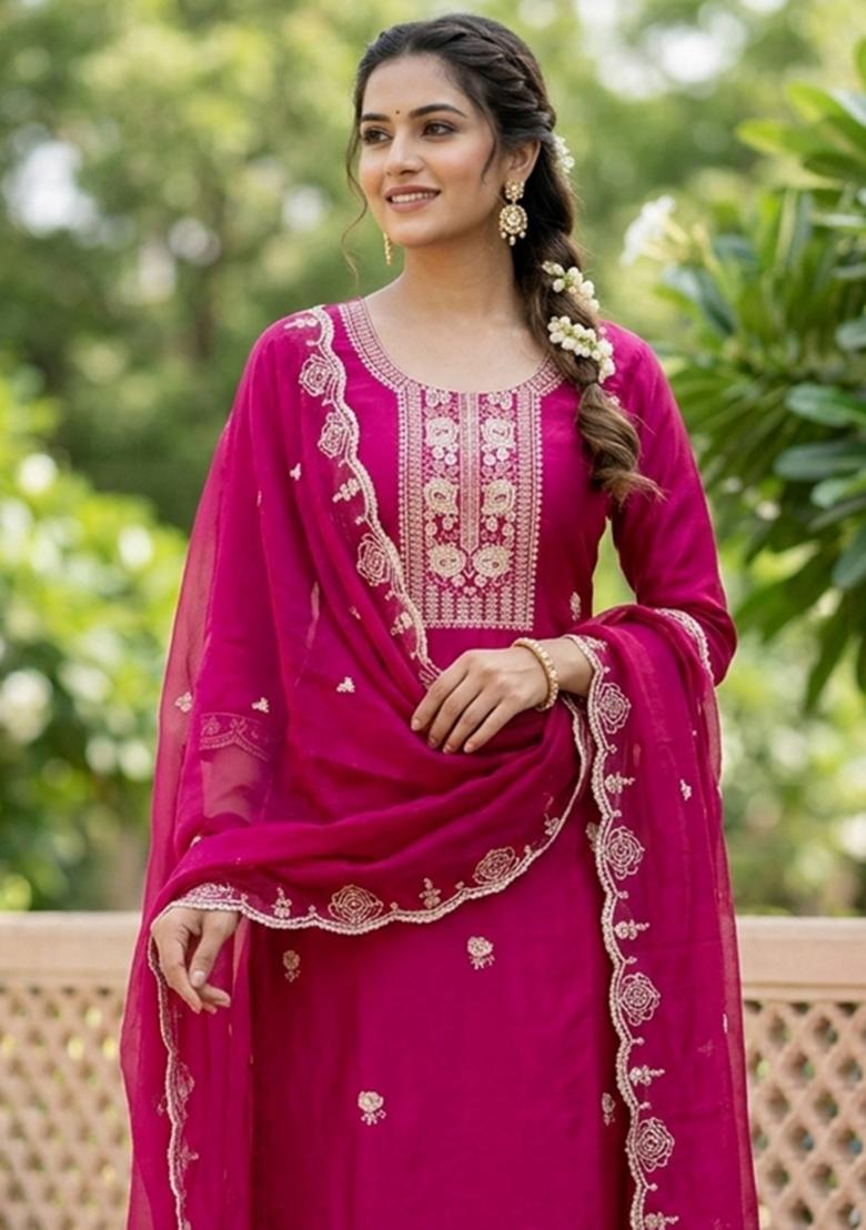 Pink Printed Viscose Kurta Set - Indya