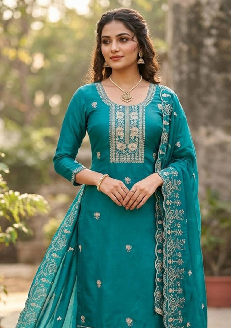 Sea Green Printed Viscose Kurta Set - Indya