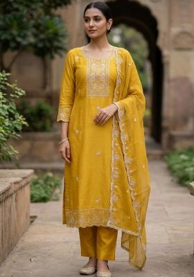 Yellow Printed Viscose Kurta Set