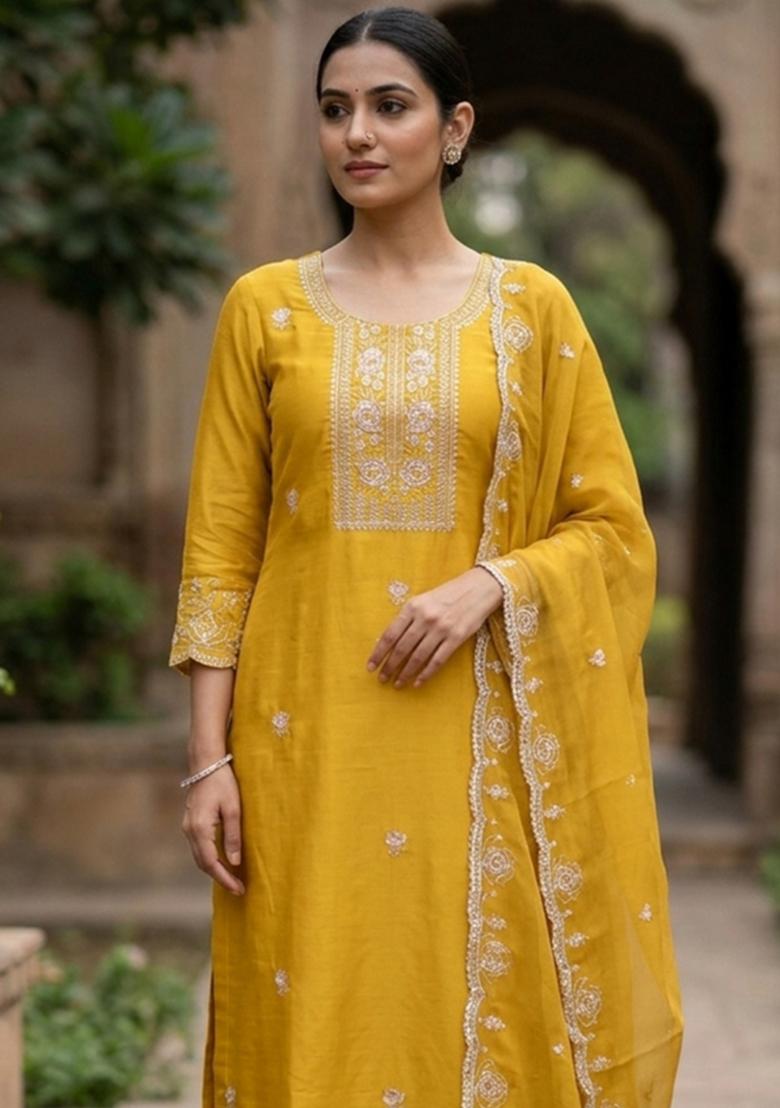 Yellow Printed Viscose Kurta Set - Indya