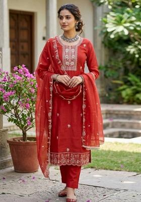 Rust Printed Viscose Kurta Set