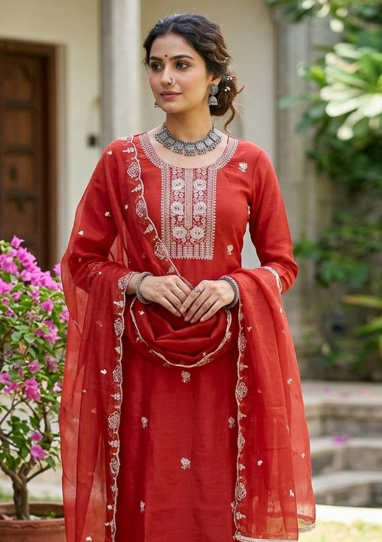 Rust Printed Viscose Kurta Set - Indya