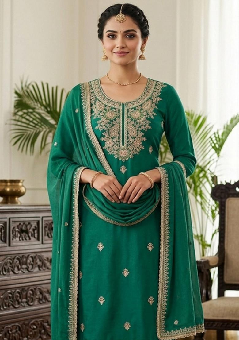 Green Printed Cotton Kurta Set - Indya