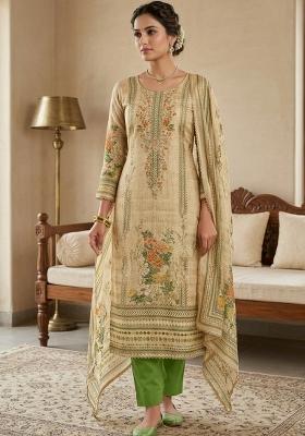 Beige Printed Viscose Kurta Set