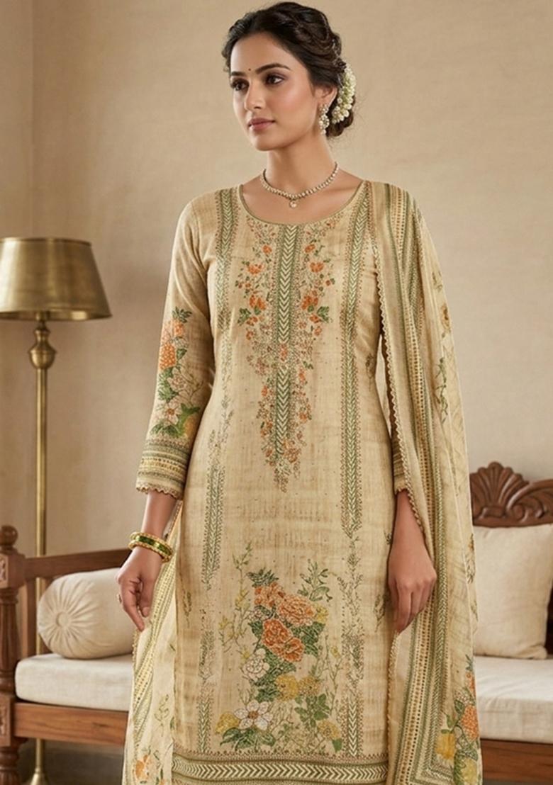 Beige Printed Viscose Kurta Set - Indya