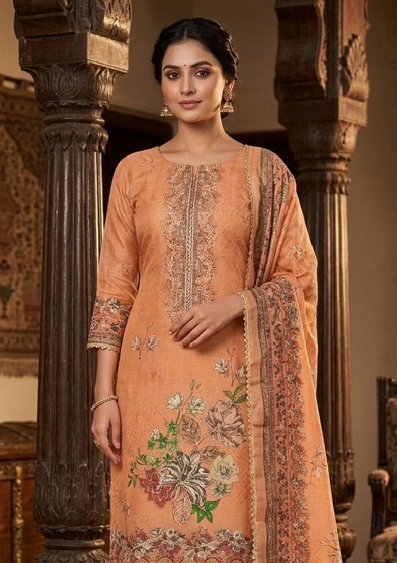 Rust Printed Viscose Kurta Set - Indya