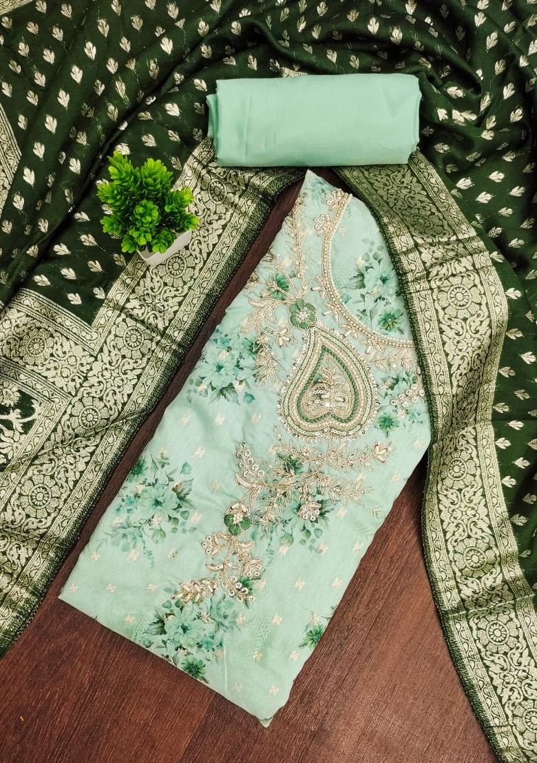 Sea Green Printed Cotton Kurta Set - Indya