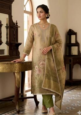 Beige Printed Cotton Kurta Set