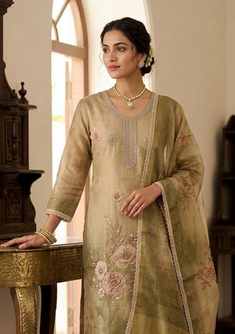 Beige Printed Cotton Kurta Set - Indya