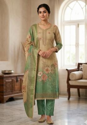 Beige Printed Cotton Kurta Set
