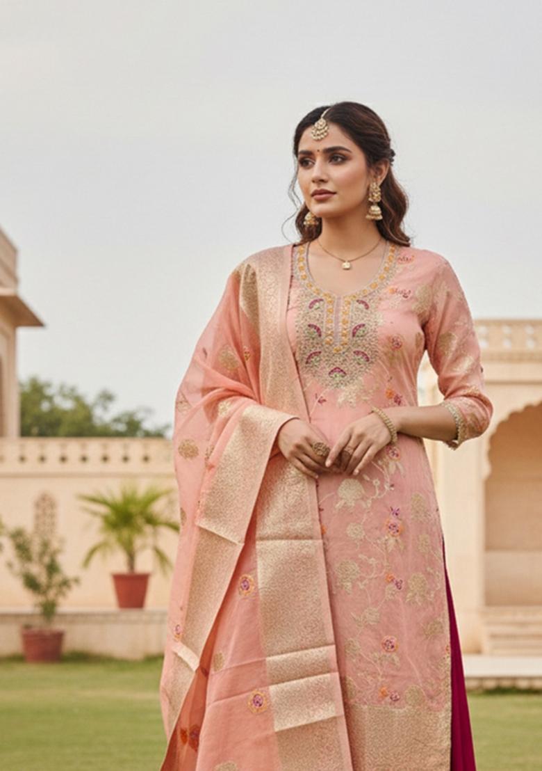 Peach Printed Cotton Kurta Set - Indya