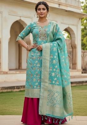 Sea Green Printed Cotton Kurta Set