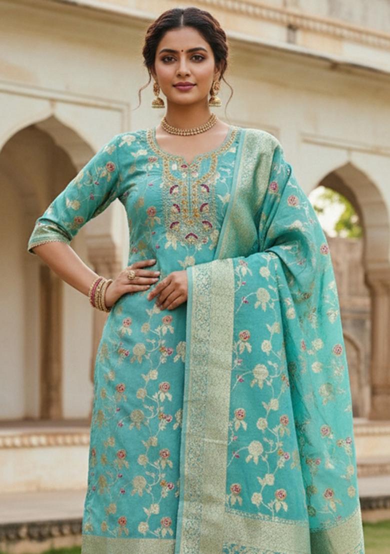Sea Green Printed Cotton Kurta Set - Indya