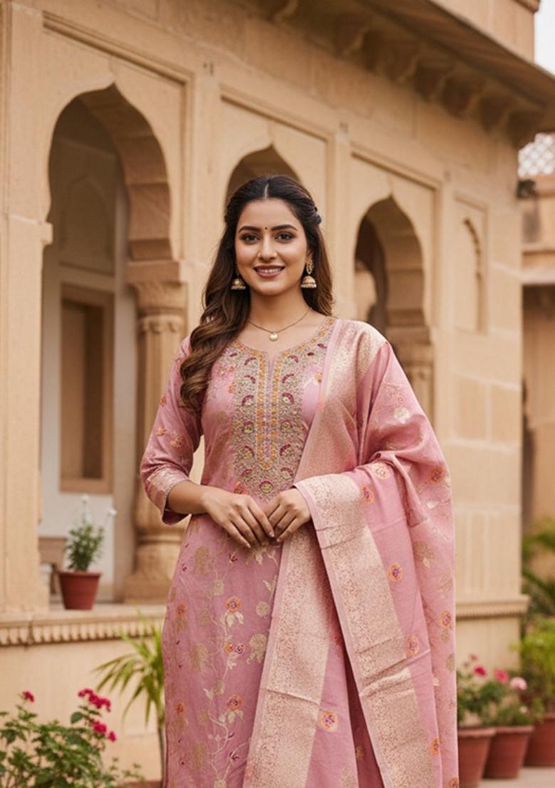 Pink Printed Cotton Kurta Set - Indya