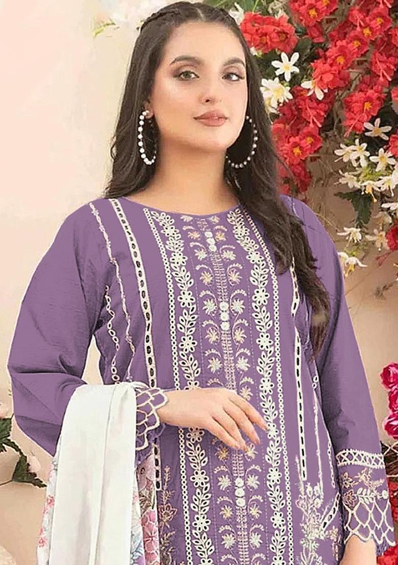 Purple Printed Cotton Kurta Set - Indya