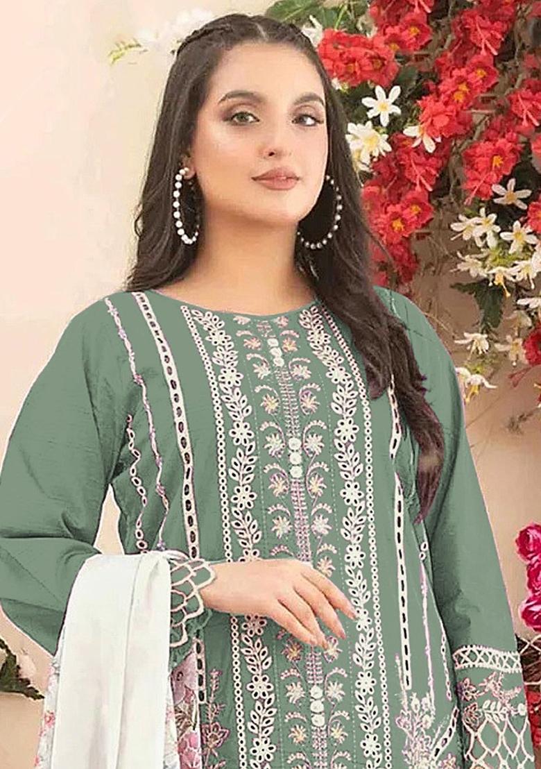 Green Printed Cotton Kurta Set - Indya
