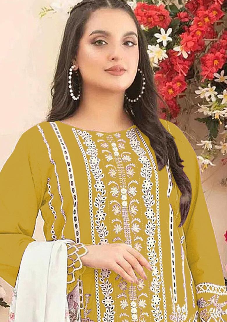 Mustard Printed Cotton Kurta Set - Indya