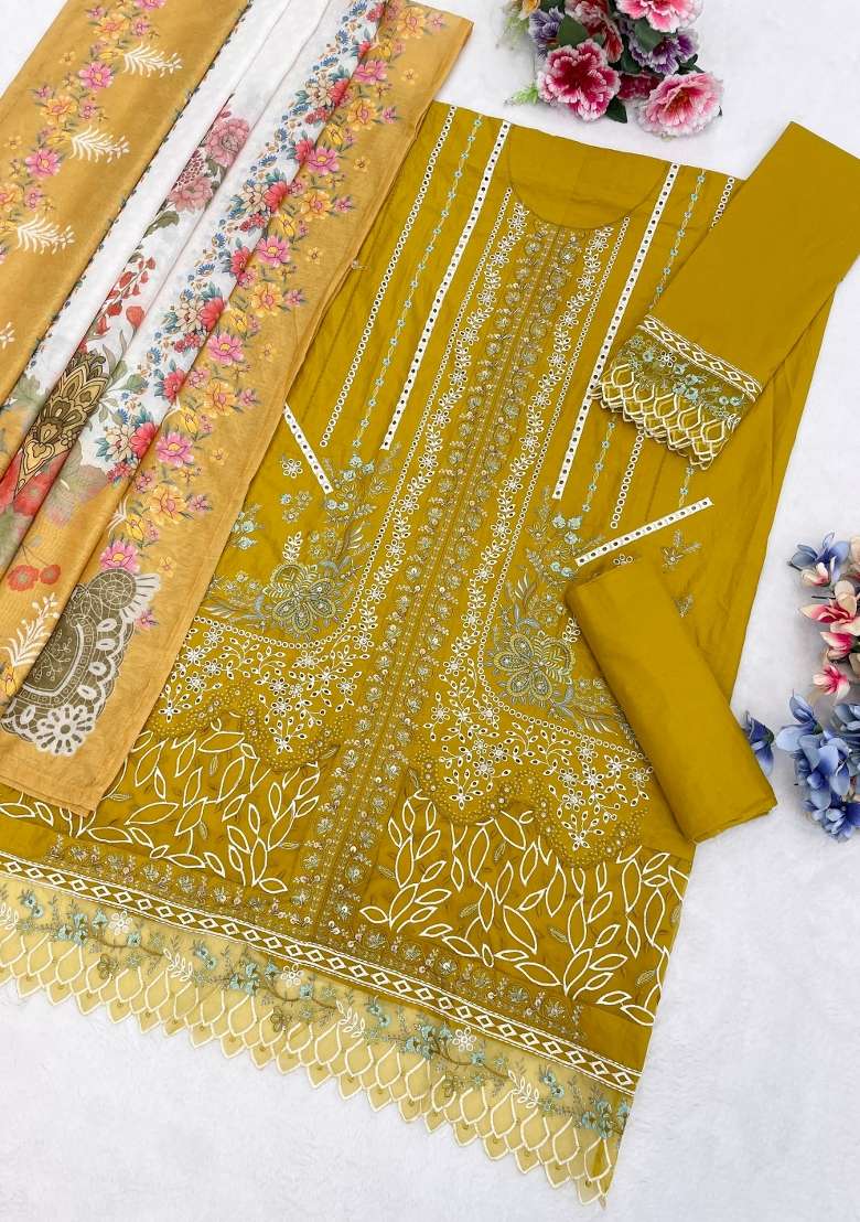Mustard Printed Cotton Kurta Set - Indya