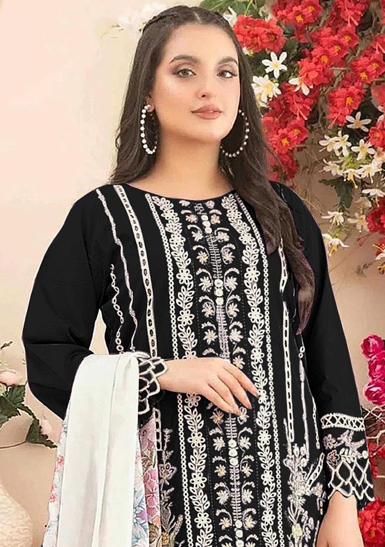 Black Printed Cotton Kurta Set - Indya