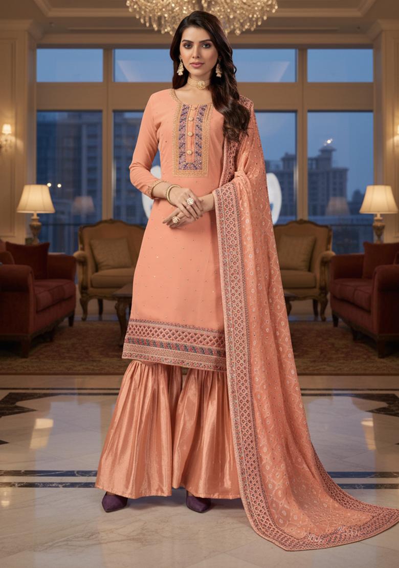 Blue Embroidery Georgette Kurta Set - Indya