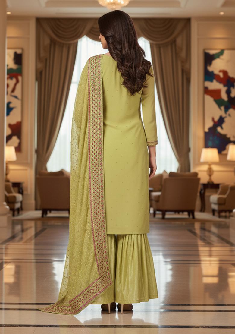Green Embroidery Georgette Kurta Set - Indya