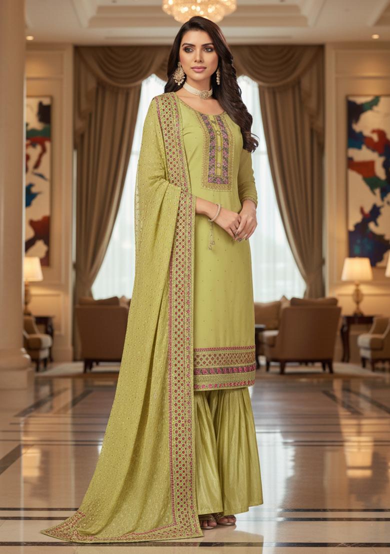 Green Embroidery Georgette Kurta Set - Indya