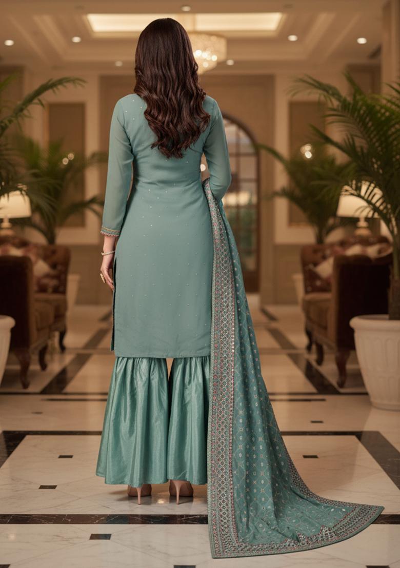 Peach Embroidery Georgette Kurta Set - Indya