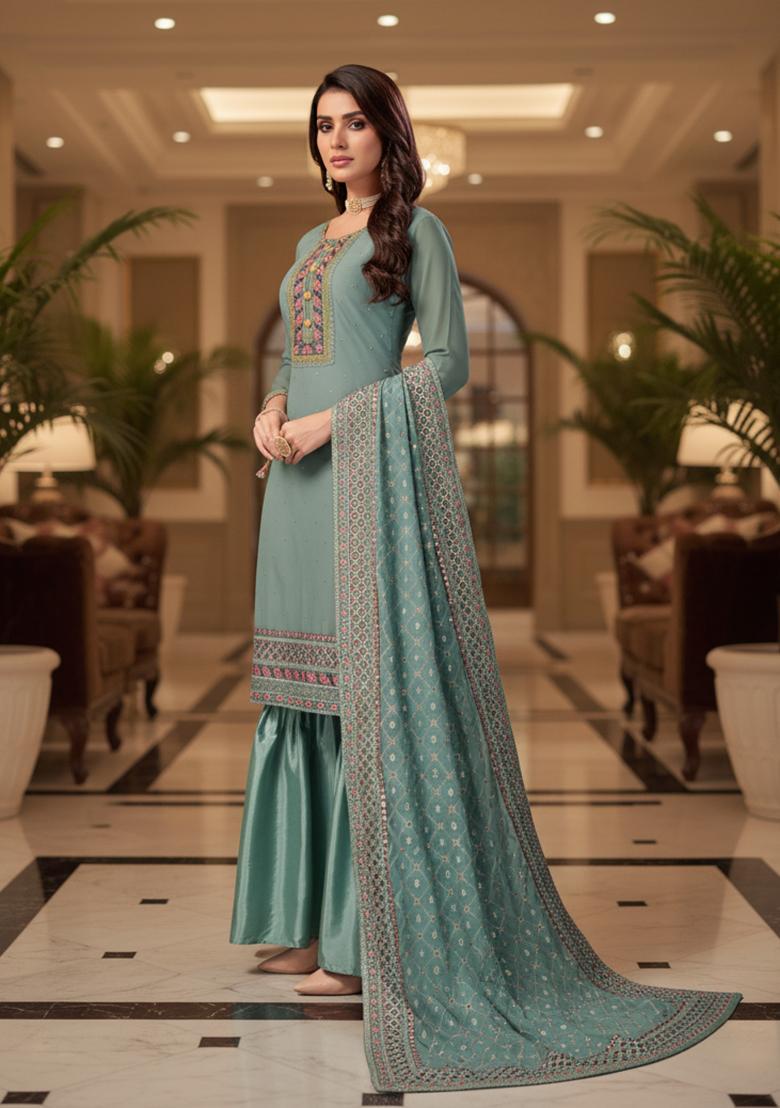 Peach Embroidery Georgette Kurta Set - Indya