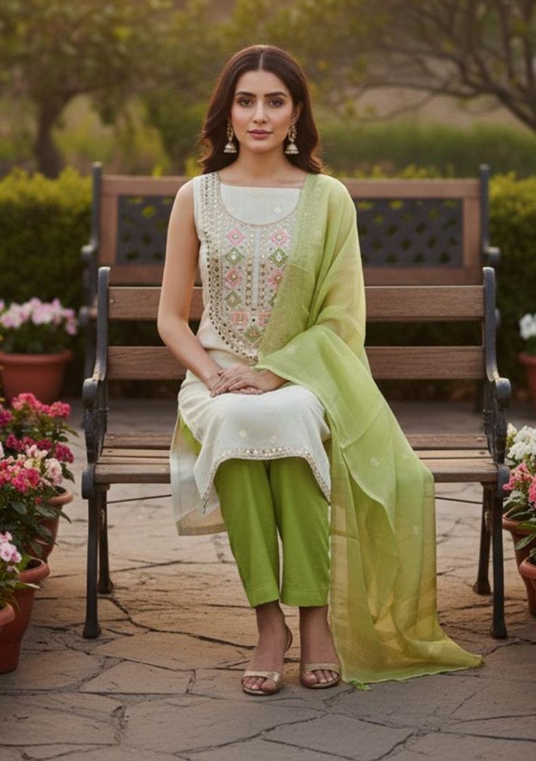 Off White Embroidery Jacquard Kurta Set - Indya