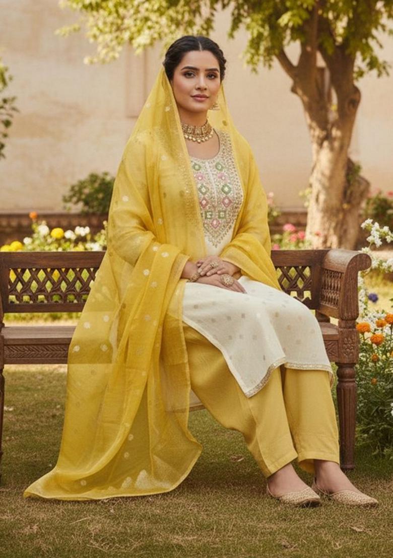 Off White Embroidery Jacquard Kurta Set - Indya