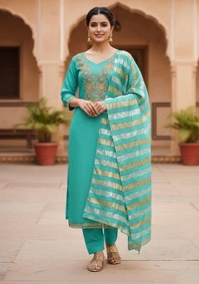 Blue Embroidery Chanderi Kurta Set