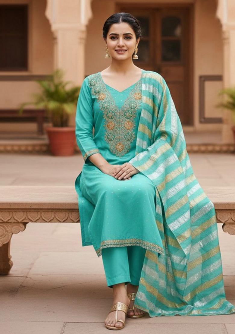 Blue Embroidery Chanderi Kurta Set - Indya