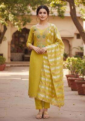 Mustard Embroidery Chanderi Kurta Set