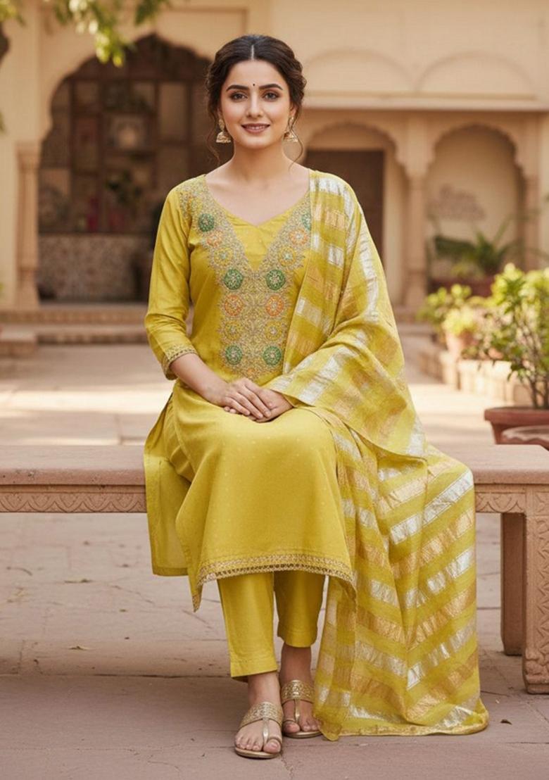 Mustard Embroidery Chanderi Kurta Set - Indya