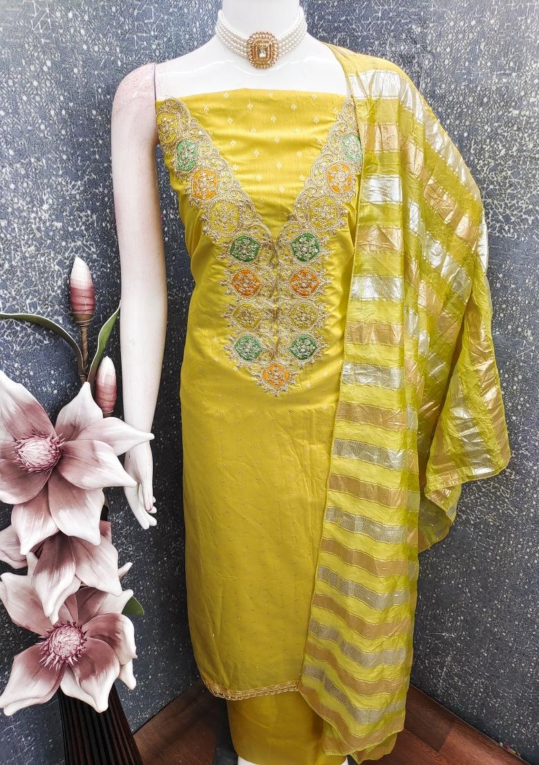 Mustard Embroidery Chanderi Kurta Set - Indya
