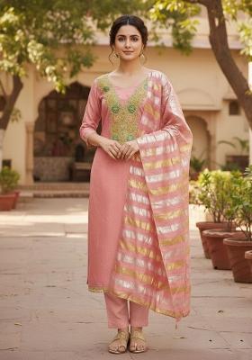 Pink Embroidery Chanderi Kurta Set