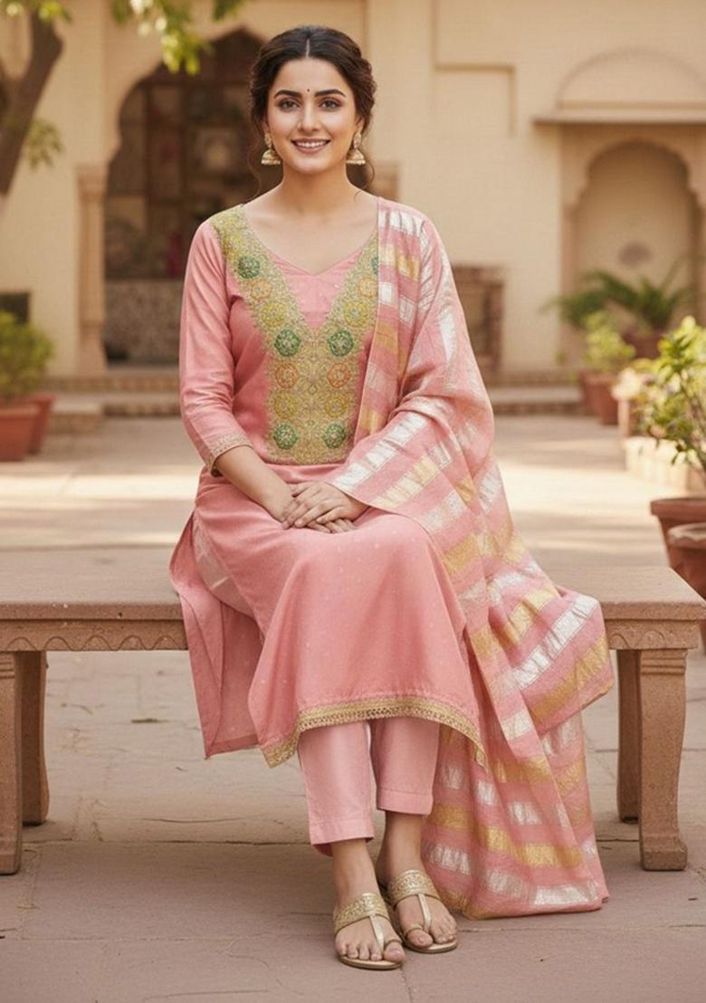 Pink Embroidery Chanderi Kurta Set - Indya