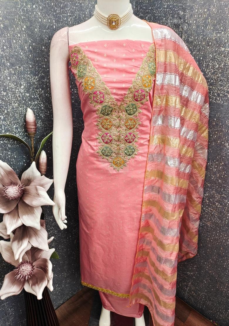 Pink Embroidery Chanderi Kurta Set - Indya