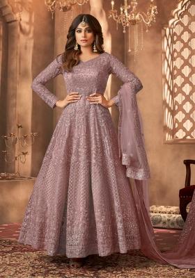 Mauve Embroidery Net Kurta Set