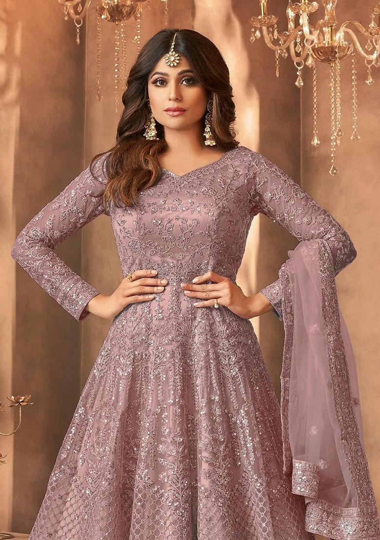 Mauve Embroidery Net Kurta Set - Indya