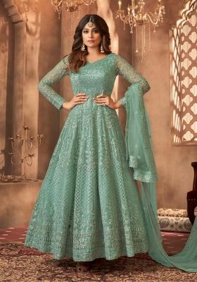 Green Embroidery Net Kurta Set